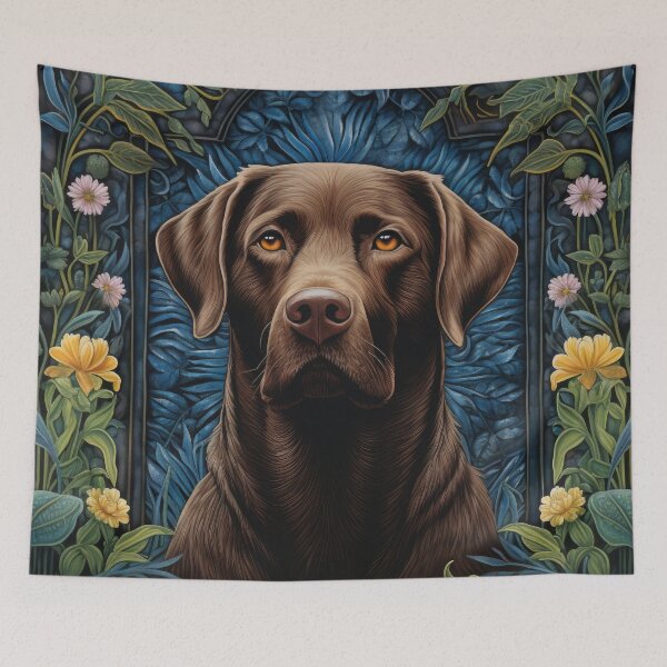 Item preview, brown Labrador Retriever dog art in retro vintage style with flowers designed and sold by retriever-dogs.