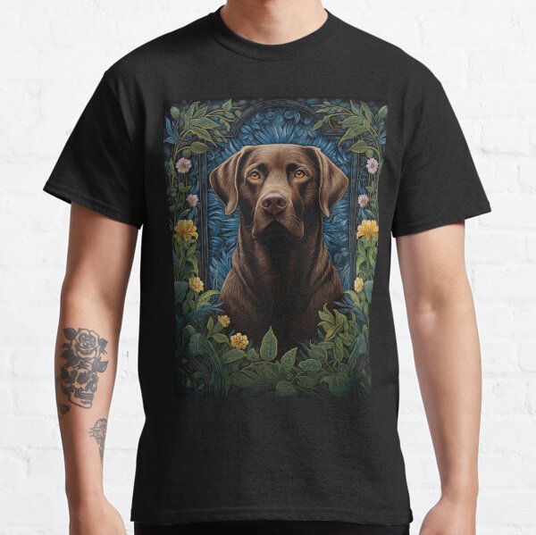 Item preview, brown Labrador Retriever dog art in retro vintage style with flowers designed and sold by retriever-dogs.