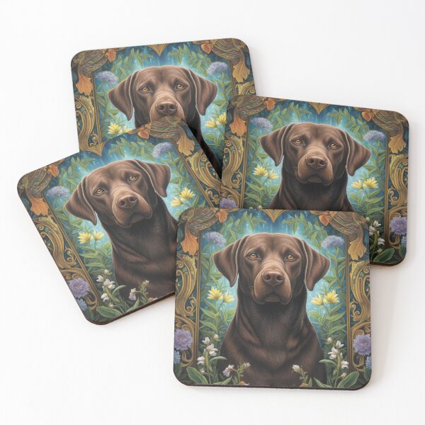 Item preview, brown Labrador Retriever dog art in retro vintage style with flowers designed and sold by retriever-dogs.