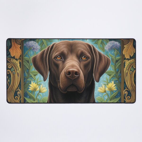 Item preview, brown Labrador Retriever dog art in retro vintage style with flowers designed and sold by retriever-dogs.