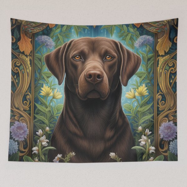 Item preview, brown Labrador Retriever dog art in retro vintage style with flowers designed and sold by retriever-dogs.