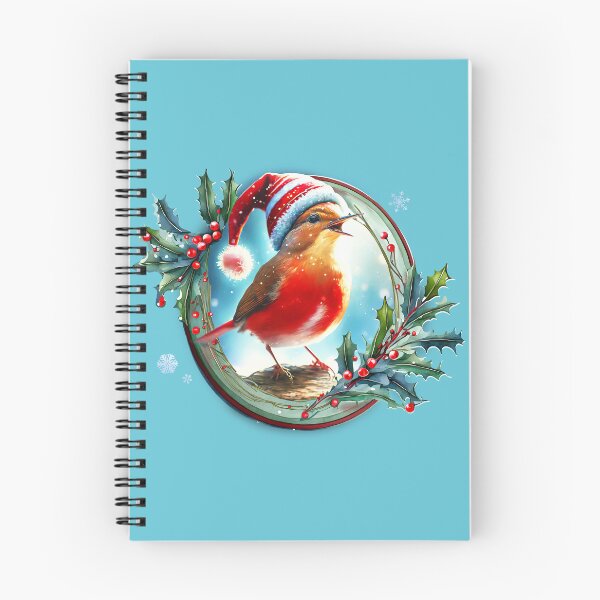 Aperçu de l'œuvre Un oiseau rouge dans un chapeau de Noël chantant sur une branche à l'intérieur d'un cadre hivernal festif composé de gui, de baies d'hiver et de flocons de neige créée et vendue par WitchDesign.