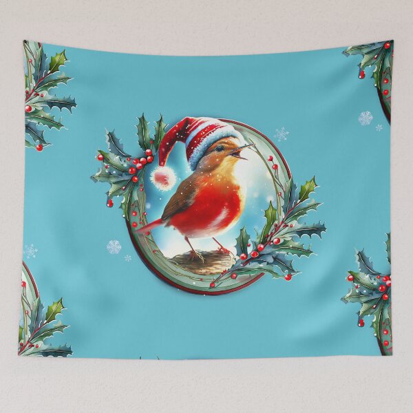 Item preview, Un pájaro rojo con un sombrero navideño cantando en una rama dentro de un marco festivo invernal de muérdago, bayas invernales y copos de nieve designed and sold by WitchDesign.