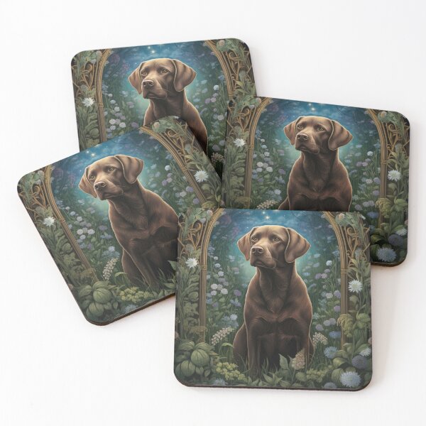 Item preview, brown Labrador Retriever dog art in retro vintage style with flowers designed and sold by retriever-dogs.