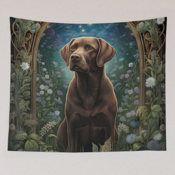 Item preview, brown Labrador Retriever dog art in retro vintage style with flowers designed and sold by retriever-dogs.