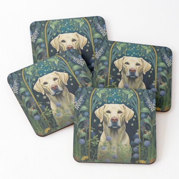 Item preview, yellow labrador retriever dog art in retro vintage style with flowers designed and sold by retriever-dogs.