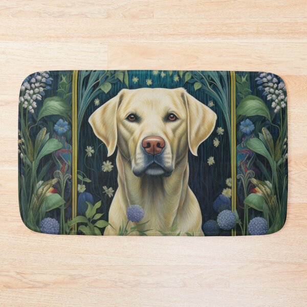 Item preview, yellow labrador retriever dog art in retro vintage style with flowers designed and sold by retriever-dogs.