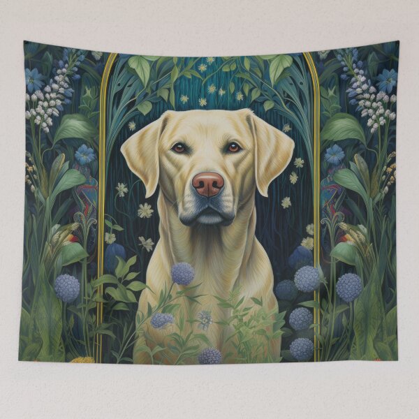 Item preview, yellow labrador retriever dog art in retro vintage style with flowers designed and sold by retriever-dogs.