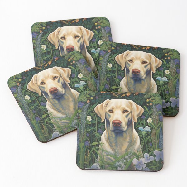 Item preview, yellow labrador retriever dog art in retro vintage style with flowers designed and sold by retriever-dogs.