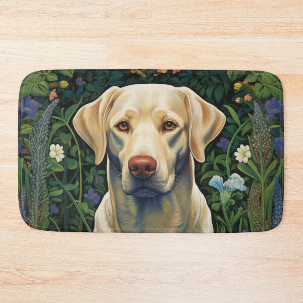 Item preview, yellow labrador retriever dog art in retro vintage style with flowers designed and sold by retriever-dogs.