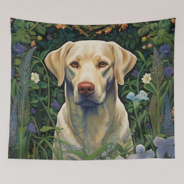 Item preview, yellow labrador retriever dog art in retro vintage style with flowers designed and sold by retriever-dogs.