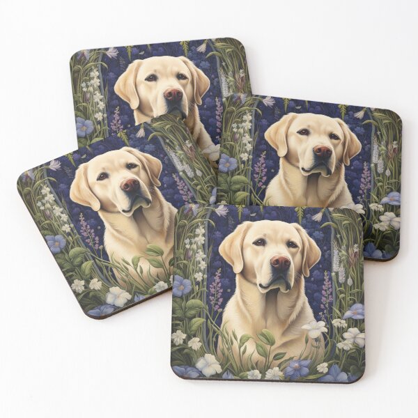 Item preview, yellow labrador retriever dog art in retro vintage style with flowers designed and sold by retriever-dogs.