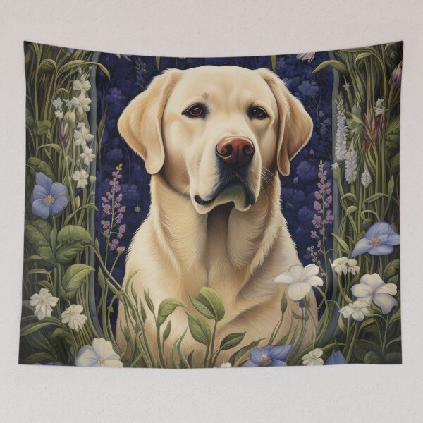 Item preview, yellow labrador retriever dog art in retro vintage style with flowers designed and sold by retriever-dogs.
