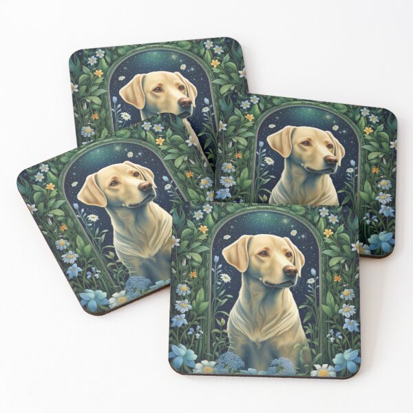 Item preview, yellow labrador retriever dog art in retro vintage style with flowers designed and sold by retriever-dogs.