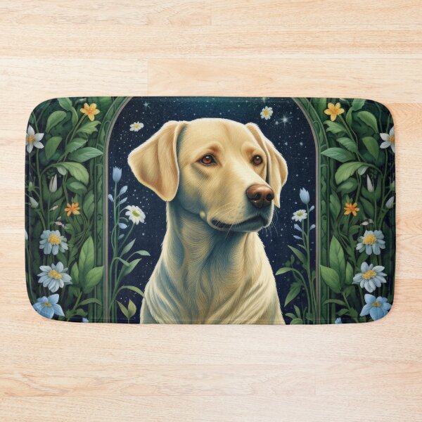 Item preview, yellow labrador retriever dog art in retro vintage style with flowers designed and sold by retriever-dogs.