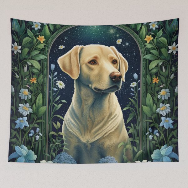 Item preview, yellow labrador retriever dog art in retro vintage style with flowers designed and sold by retriever-dogs.