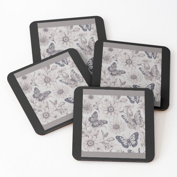 Artikelvorschau, Hübsches Schmetterlings- und Wildblumen-Musterdesign mit schwarzen Strichzeichnungen entworfen und verkauft von EarthArtDesigns.