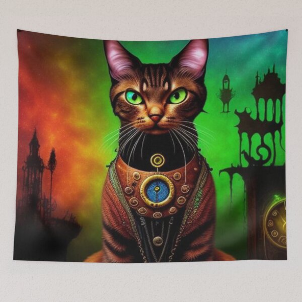 Item preview, Dark Trippy Colorful Steampunk Cat Art designed and sold by TheDarkWardrobe.