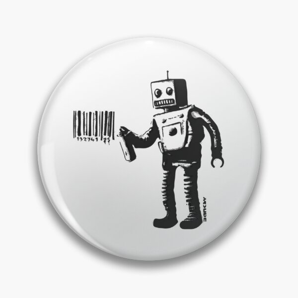 Item preview, Banksy smiling Robot and barcodes Better Out Than In New York City residency black and white HD HIGHT QUALITY ONLINE STORE designed and sold by RoleyPoleyHami.
