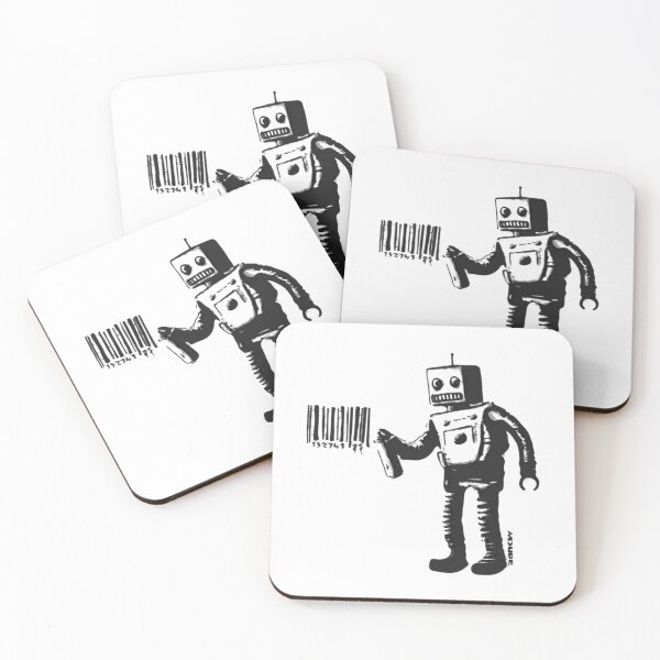Item preview, Banksy smiling Robot and barcodes Better Out Than In New York City residency black and white HD HIGHT QUALITY ONLINE STORE designed and sold by RoleyPoleyHami.