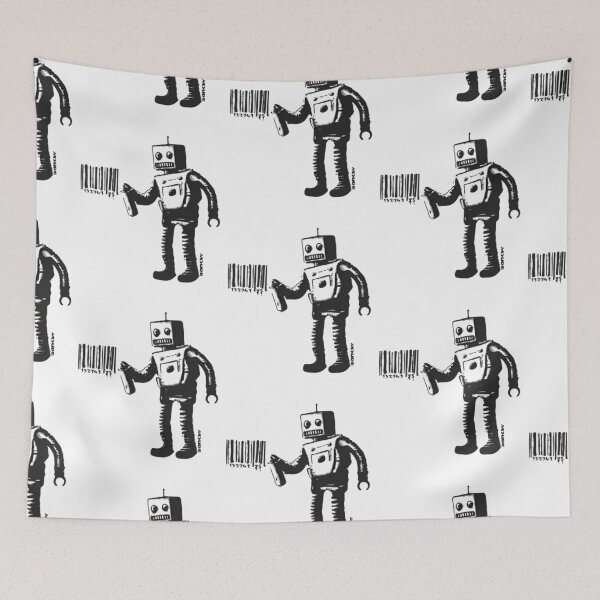 Item preview, Banksy smiling Robot and barcodes Better Out Than In New York City residency black and white HD HIGHT QUALITY ONLINE STORE designed and sold by RoleyPoleyHami.