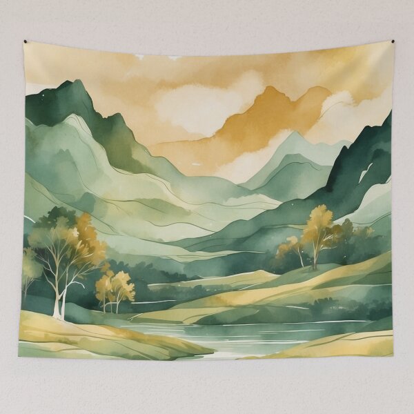 Item preview, 009 Stunning Mountain Landscape in Watercolor Painting (Green and Gold Theme) designed and sold by Alexis Art Collection.