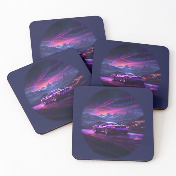 Item preview, Ferrari on a winding road surrounded by vibrant purple neon lights designed and sold by Mahilis.