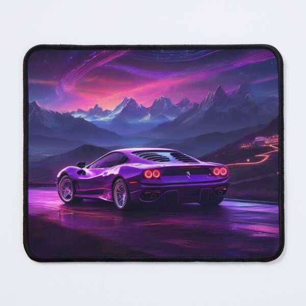 Aperçu de l'œuvre Ferrari sur une route sinueuse entourée de néons violets vibrants créée et vendue par Mahilis.