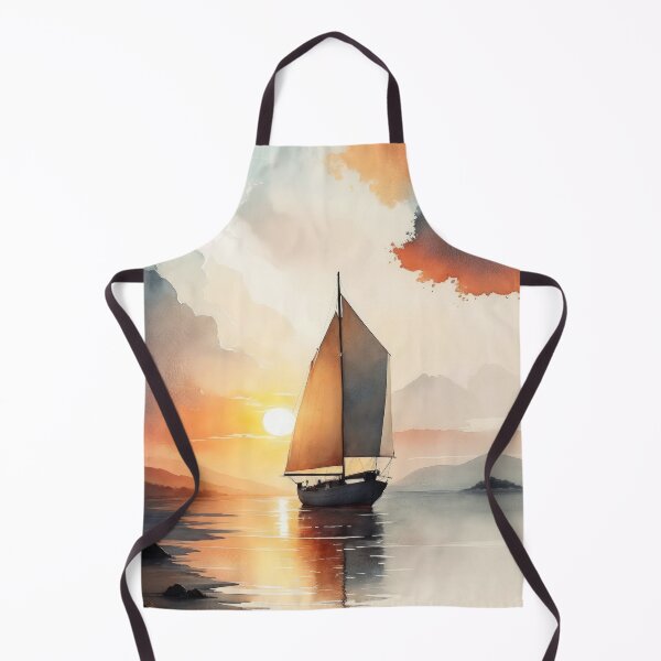 Aperçu de l'œuvre Conception de peinture à l’aquarelle de bateau à voile, vue sur la plage océanique de bateau à voile avec coucher de soleil, art de la peinture créée et vendue par TheRedPixels.