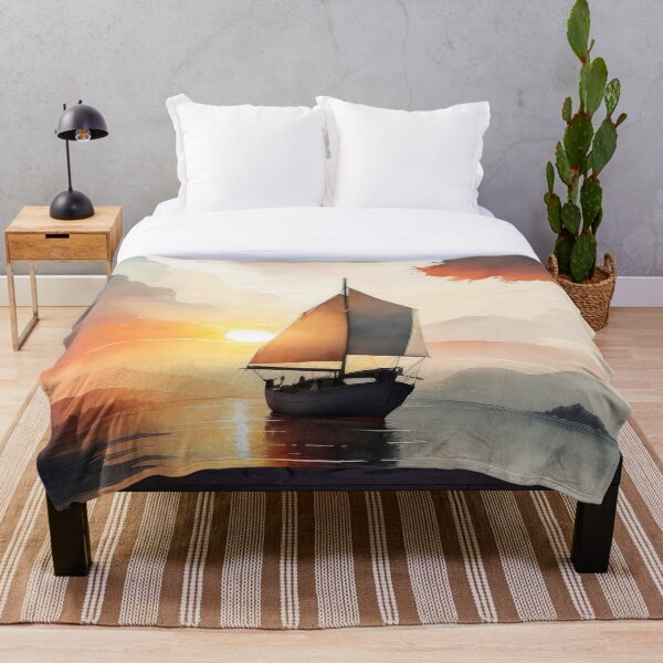 Aperçu de l'œuvre Conception de peinture à l’aquarelle de bateau à voile, vue sur la plage océanique de bateau à voile avec coucher de soleil, art de la peinture créée et vendue par TheRedPixels.