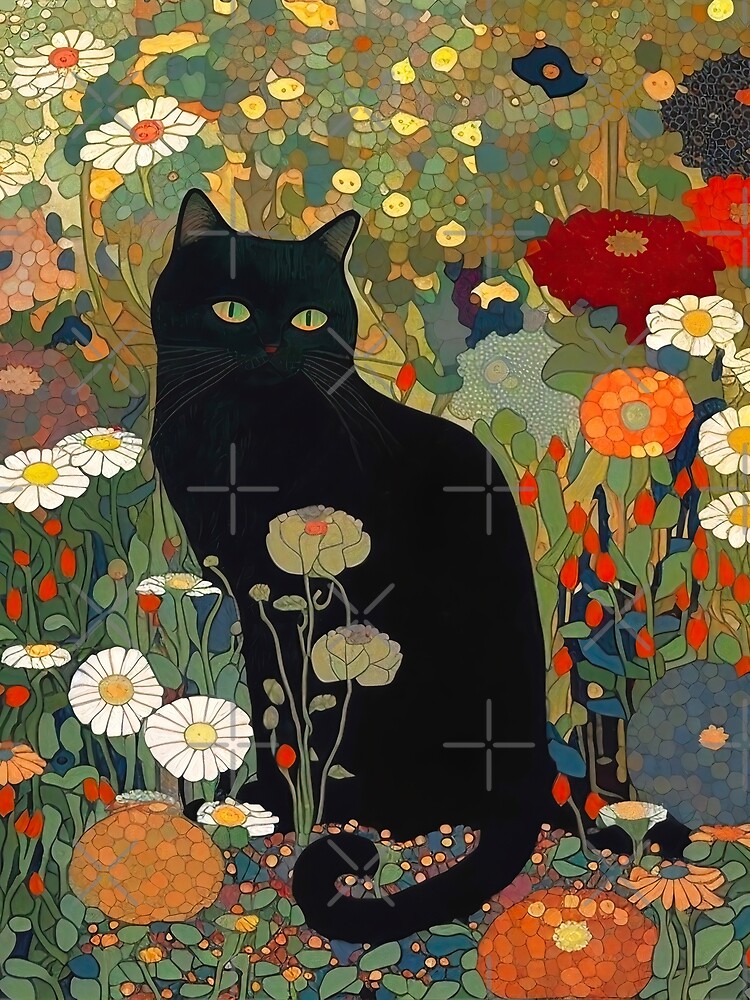 Thumbnail 2 of 2, Greeting Card, Cat Art Print, Gustav Klimt, Black Cat In A Garden THE ORIGINAL! designed and sold by MamboArt.