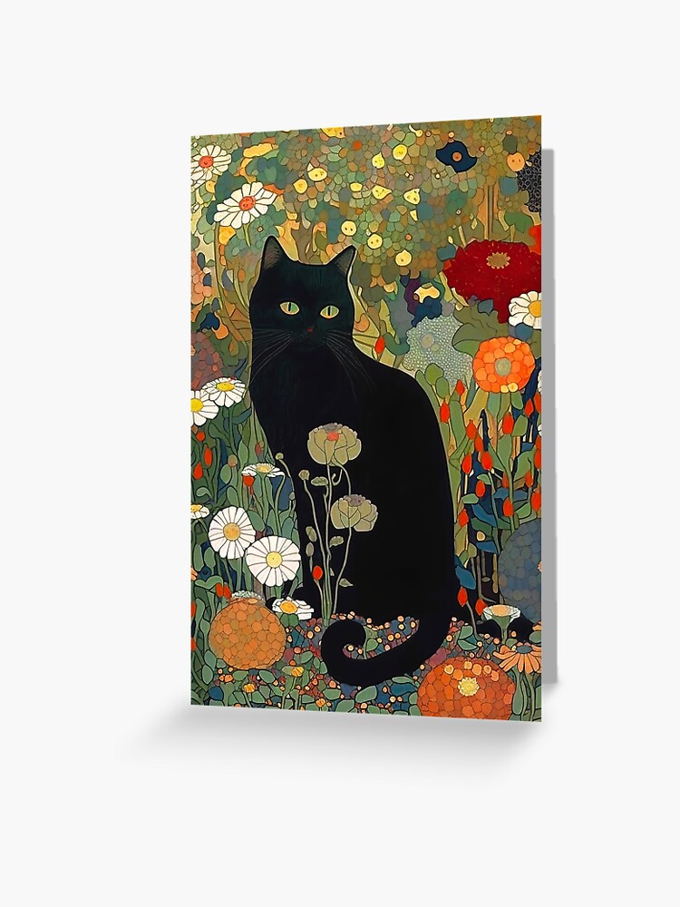 Thumbnail 1 of 2, Greeting Card, Cat Art Print, Gustav Klimt, Black Cat In A Garden THE ORIGINAL! designed and sold by MamboArt.