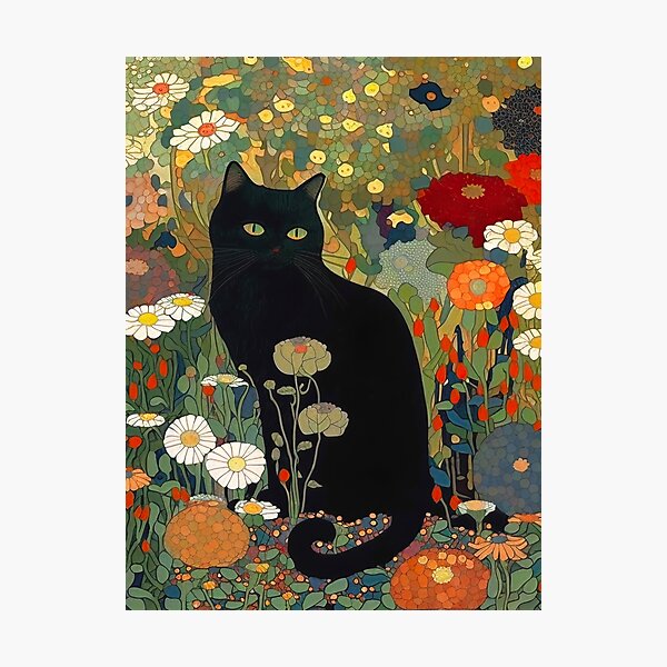 Aperçu de l'œuvre Impression d’art de chat, Gustav Klimt, Chat noir dans un jardin L’ORIGINAL ! créée et vendue par MamboArt.