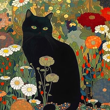 Artwork thumbnail, Cat Art Print, Gustav Klimt, Black Cat In A Garden THE ORIGINAL! by MamboArt