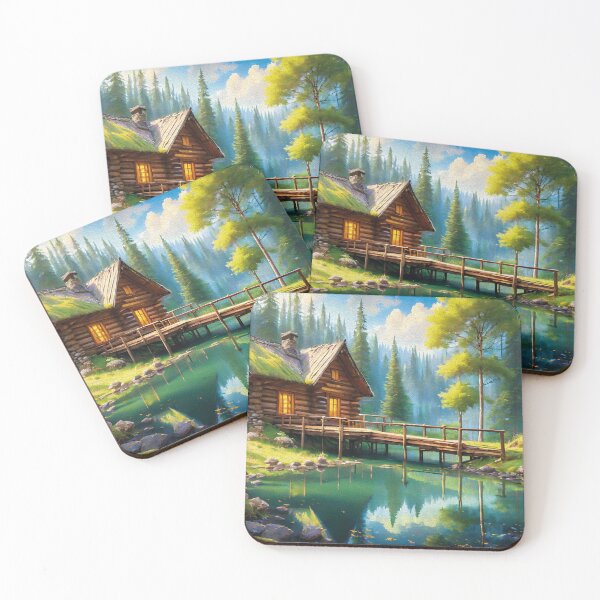 Item preview, small lake and a log cabin deep in a magnificent and lush fores designed and sold by viper2605.