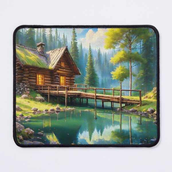 Item preview, small lake and a log cabin deep in a magnificent and lush fores designed and sold by viper2605.