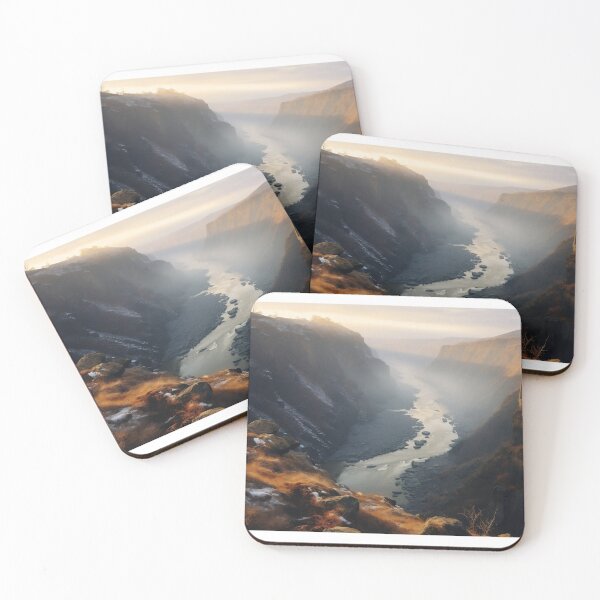 Item preview, Misty cliffs with river at sunset long exposure - Landscape photography designed and sold by TheArtistOf2022.