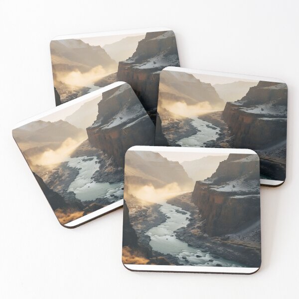 Item preview, Misty cliffs with river at sunset long exposure - Landscape photography designed and sold by TheArtistOf2022.