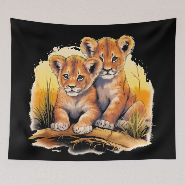 Item preview, Adorable little young lion cubs in savanna wilderness nature illustration designed and sold by NBSStore.