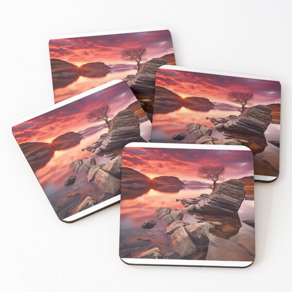 Item preview, Mountains and trees in lake at sunset in long exposure - Landscape photography designed and sold by TheArtistOf2022.