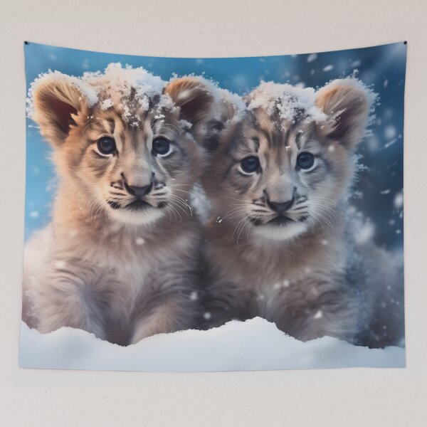 Item preview, Cute African baby lion cub, little wild cat predator animal in the snow photography designed and sold by NBSStore.