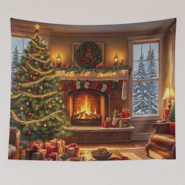 Item preview, Beautiful & Cozy Christmas Room With Snowy Winter Window, Warm Fireplace Beside Christmas Tree With Presents designed and sold by MyArt23.