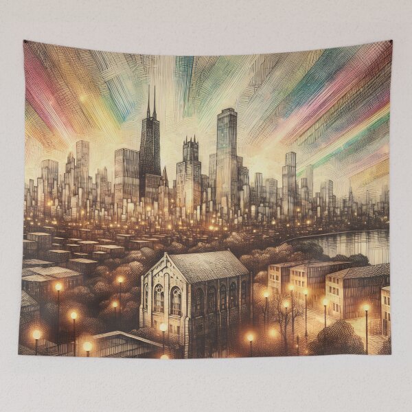 Item preview, Cityscape Glow Amidst Radiant Skies designed and sold by PictorialWhimsy.