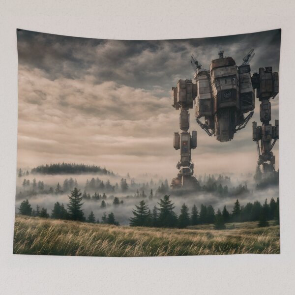 Item preview, Mechanical Robot amidst Misty Forest Sci-Fi Landscape designed and sold by LumberEchoArts.