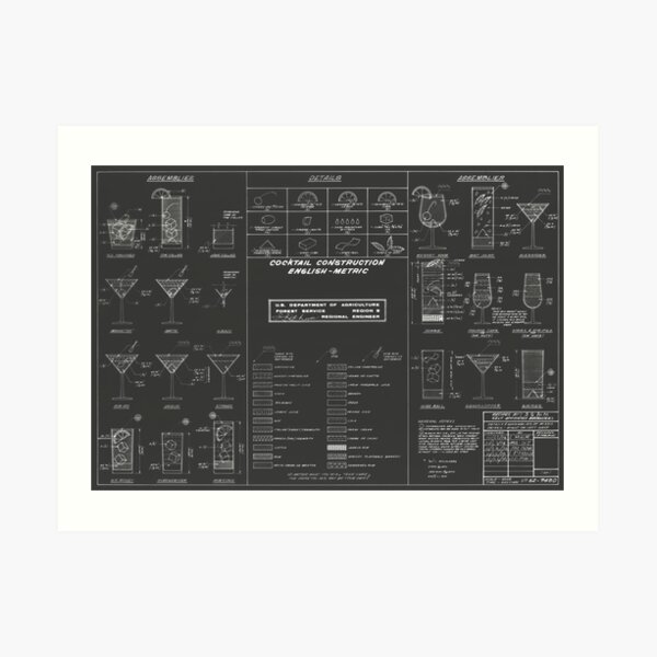 Cocktail Construction Chart by United States Forest Service - Gray Version Art Print
