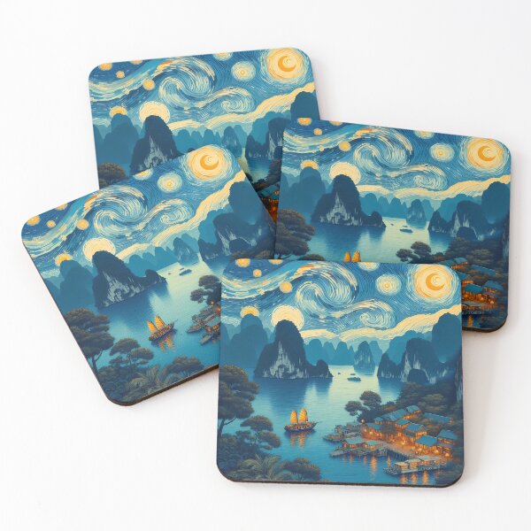 Aperçu de l'œuvre Baie d'Halong, Vietnam, design dans le style de Vincent van Gogh Starry Night créée et vendue par CreativeSparkzz.