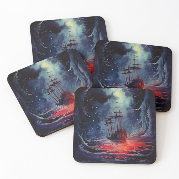 Item preview, Black ship in the red firing water ocean designed and sold by fansyartdesign.