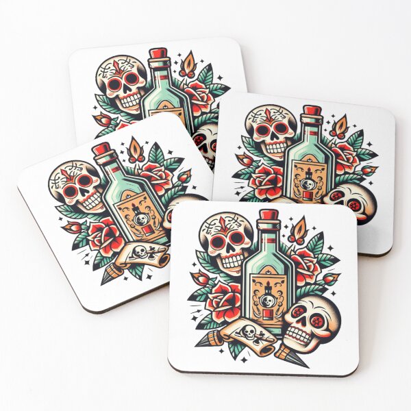 Artikelvorschau, Schädel-, Flaschen- und Rosen-Flash-Tattoo-Kunstdesign entworfen und verkauft von BrianSaysDesign.