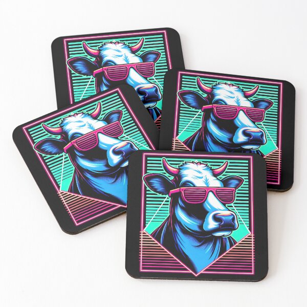 Item preview, Synthwave Cow with Sunglasses Retrowave 80s Vaporwave Style designed and sold by SpookshowDesign.