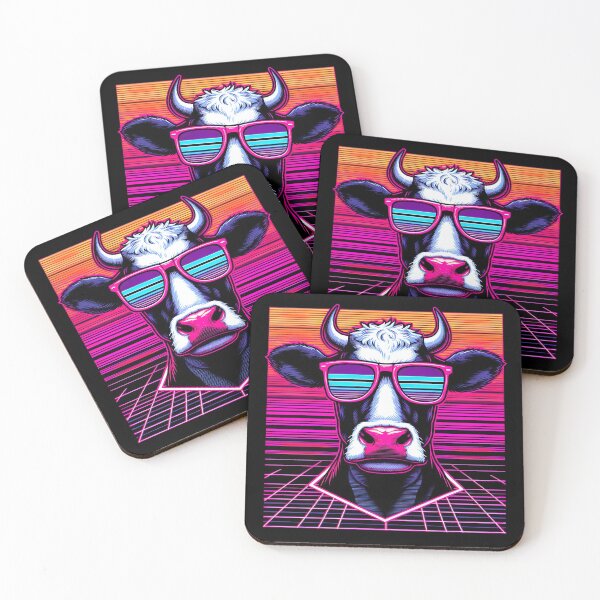 Item preview, Synthwave Cow with Sunglasses Vaporwave 80s Retrowave Style designed and sold by SpookshowDesign.